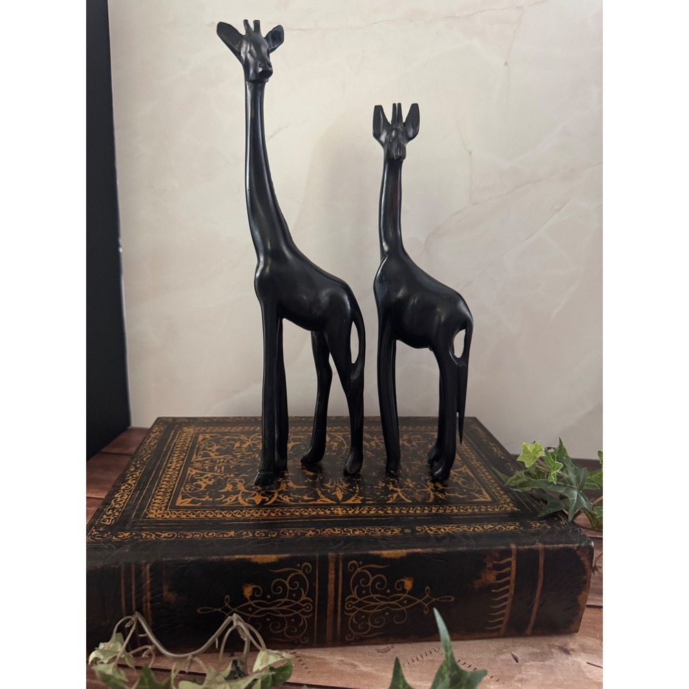 Vintage Sculptural Giraffe Pair, Black Minimalist Safari Decor Set